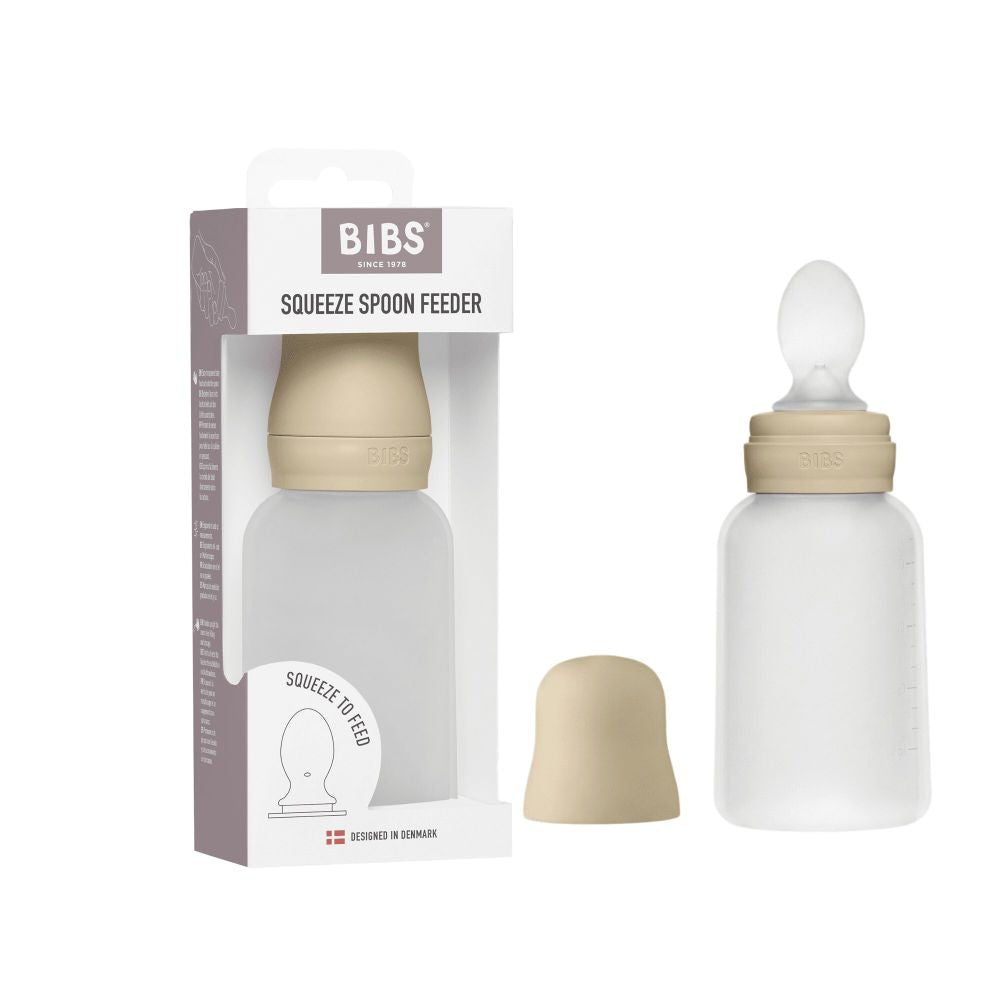 BIBS Maistelututti lusikalla ja tuotepakkaus vanilla.