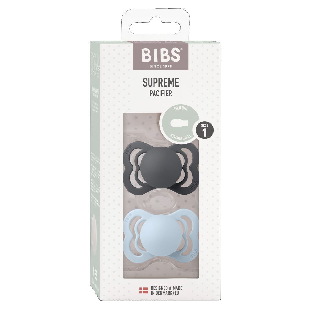 BIBS Supreme tutti 2-pack (koko 1), silikoni - Iron/Baby Blue