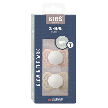 BIBS Supreme GLOW tutti 2-pack (koko 1), silikoni - Blush/Vanilla